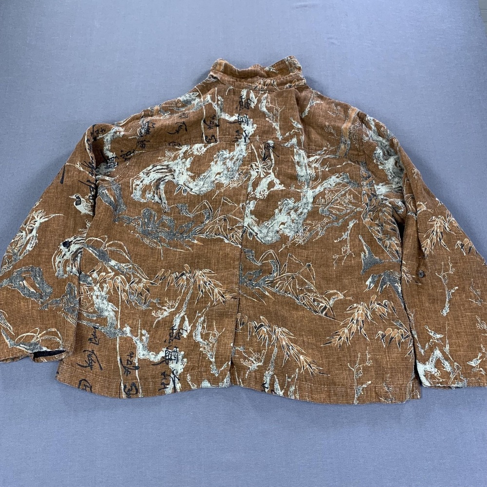 Chicos Design Shirt Womens Sz 3 / XXL Brown Linen Asian Print Button Front Top - Picture 4 of 13